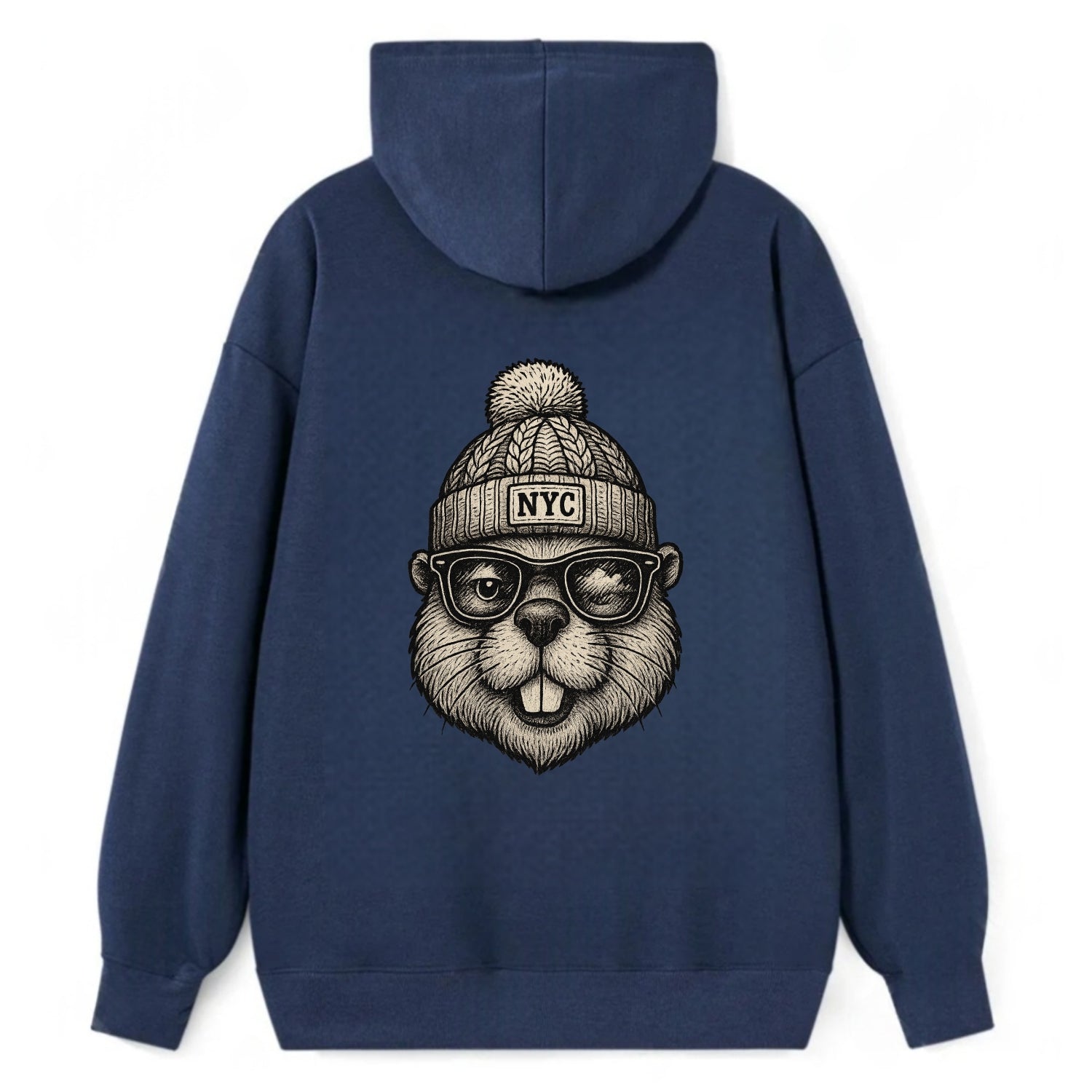 New York Beaver wearing NYC beanie with pom pom and wayfarer sunglasses - Classic Pullover Hoodie - Navy