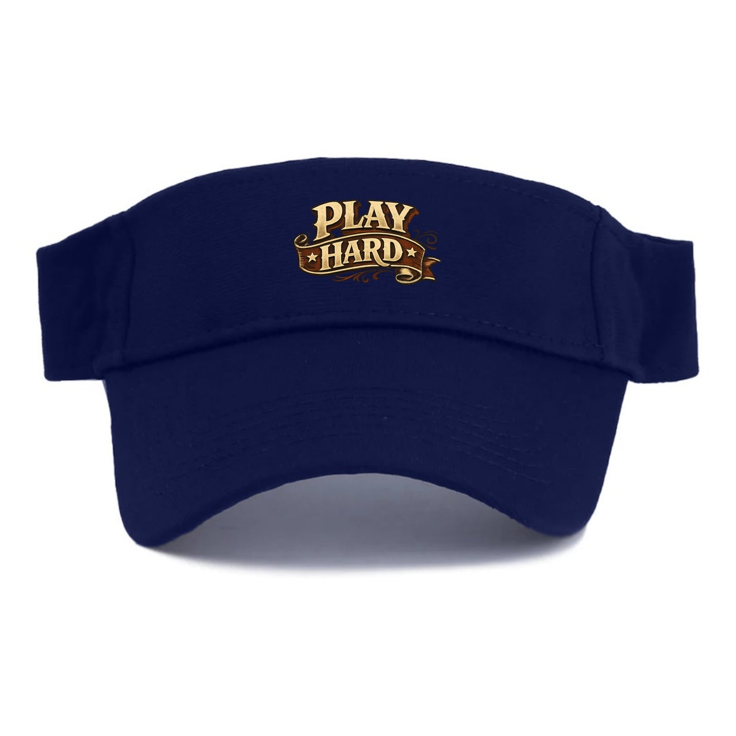 Bold typography design - "PLAY HARD" - giving your all, full effort - Visor - Navy