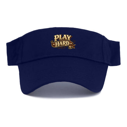 Bold typography design - "PLAY HARD" - giving your all, full effort - Visor - Navy