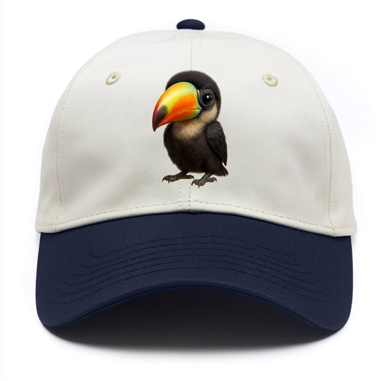 Baby Toucan - oversized colorful beak, black feathers, bright eyes, front-facing, - Two Tone Cap - Navy