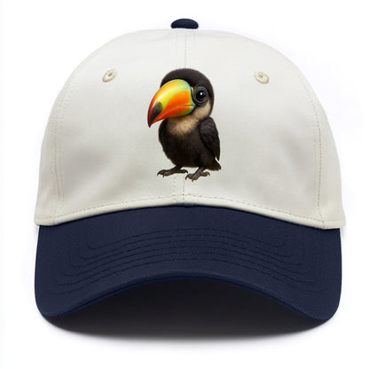 Baby Toucan - oversized colorful beak, black feathers, bright eyes, front-facing, - Two Tone Cap - Navy