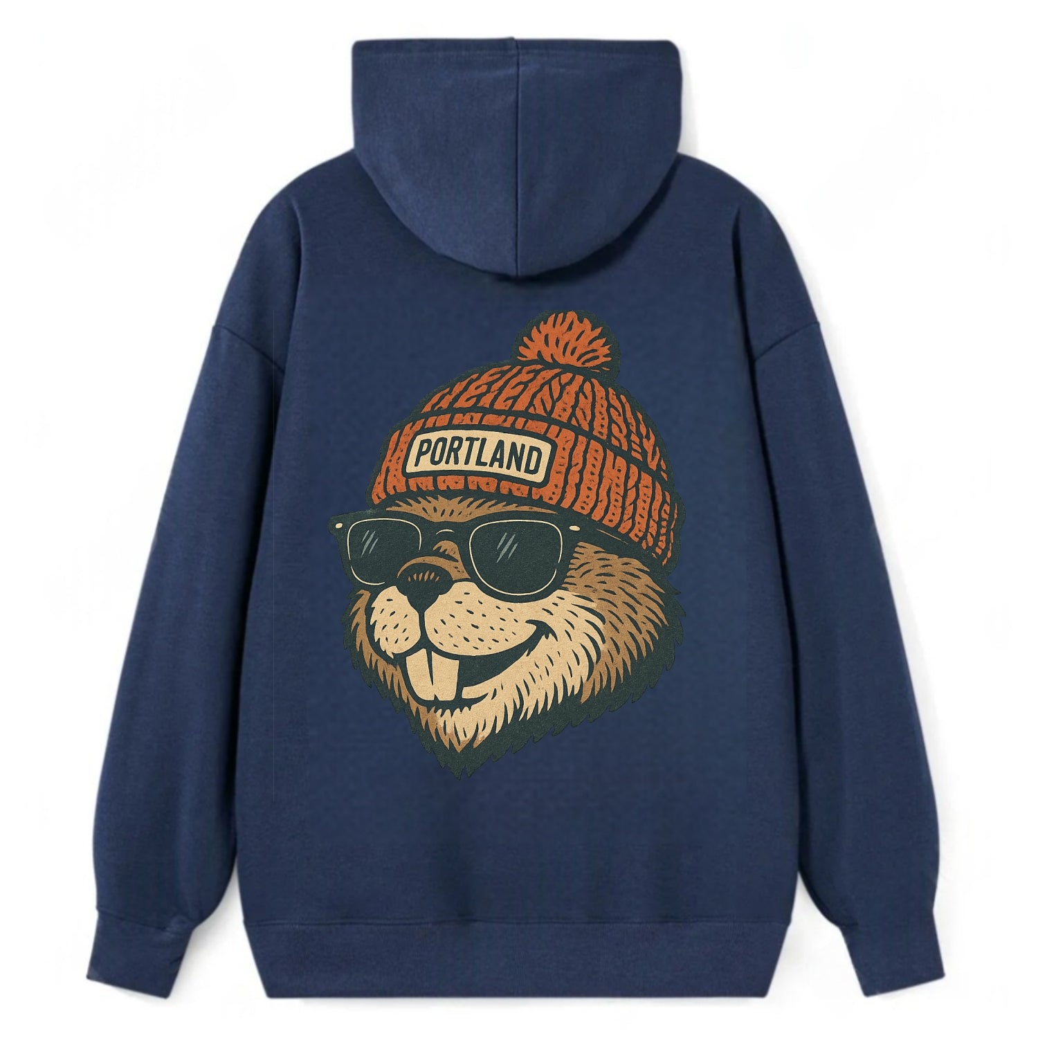 Oregon Beaver wearing Portland beanie with pom pom and wayfarer sunglasses - Classic Pullover Hoodie - Navy