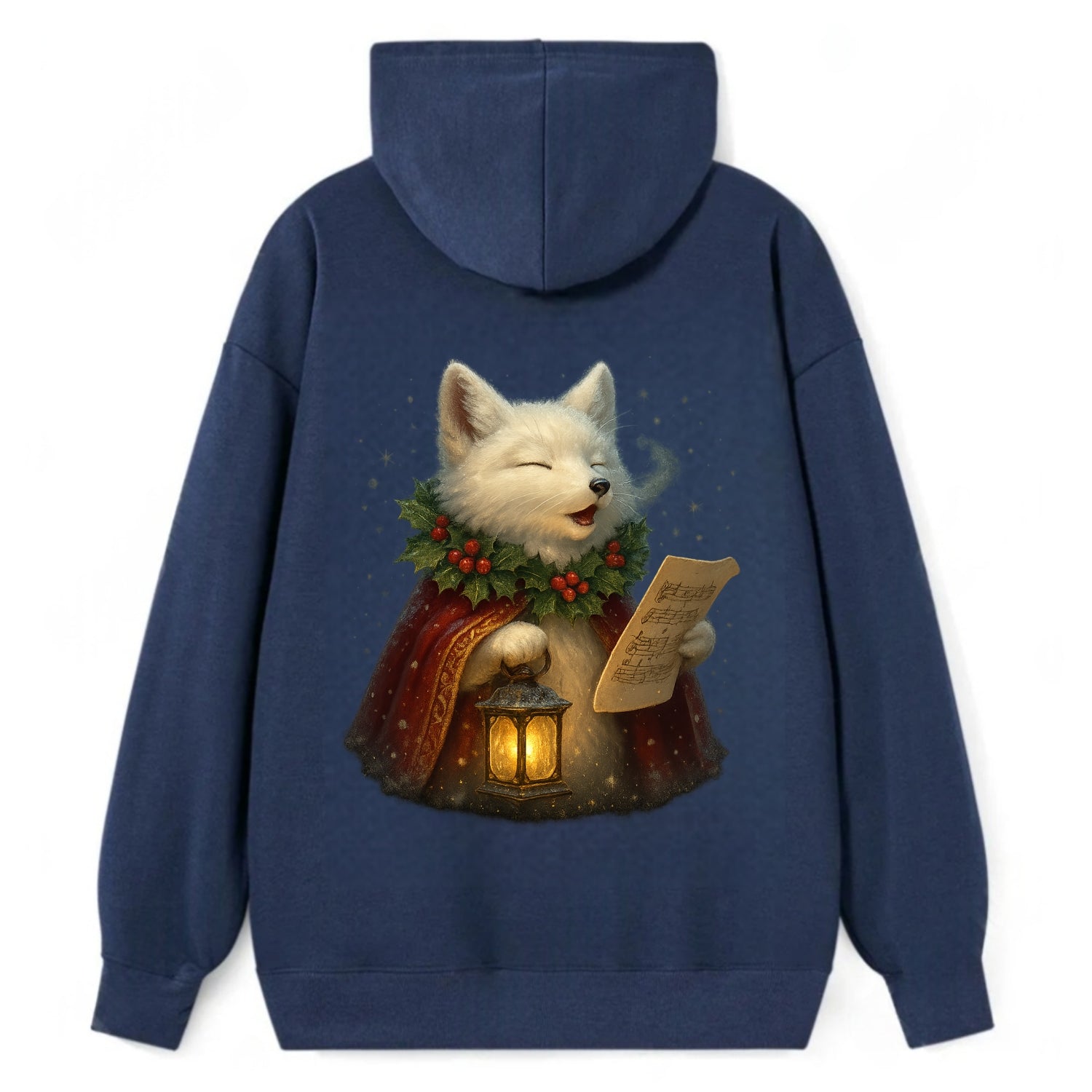 Snowbound Arctic Fox Caroler  - Classic Pullover Hoodie - Navy