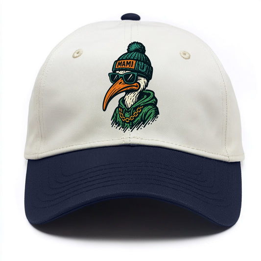 Coral Gables Ibis wearing Miami beanie with U patch - Two Tone Cap - Navy
