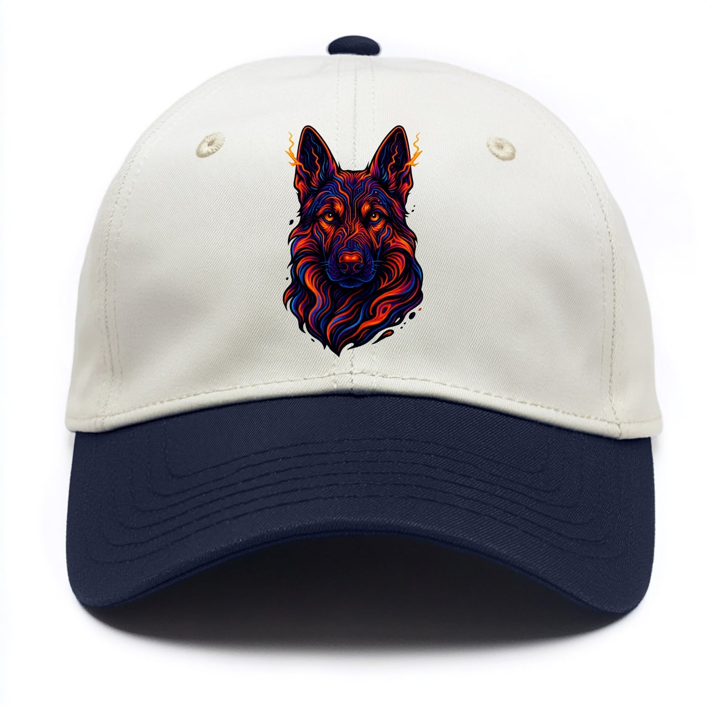 Alert German Shepherd with cyber circuit patterns in the fur, neon orange and black - Two Tone Cap - Navy