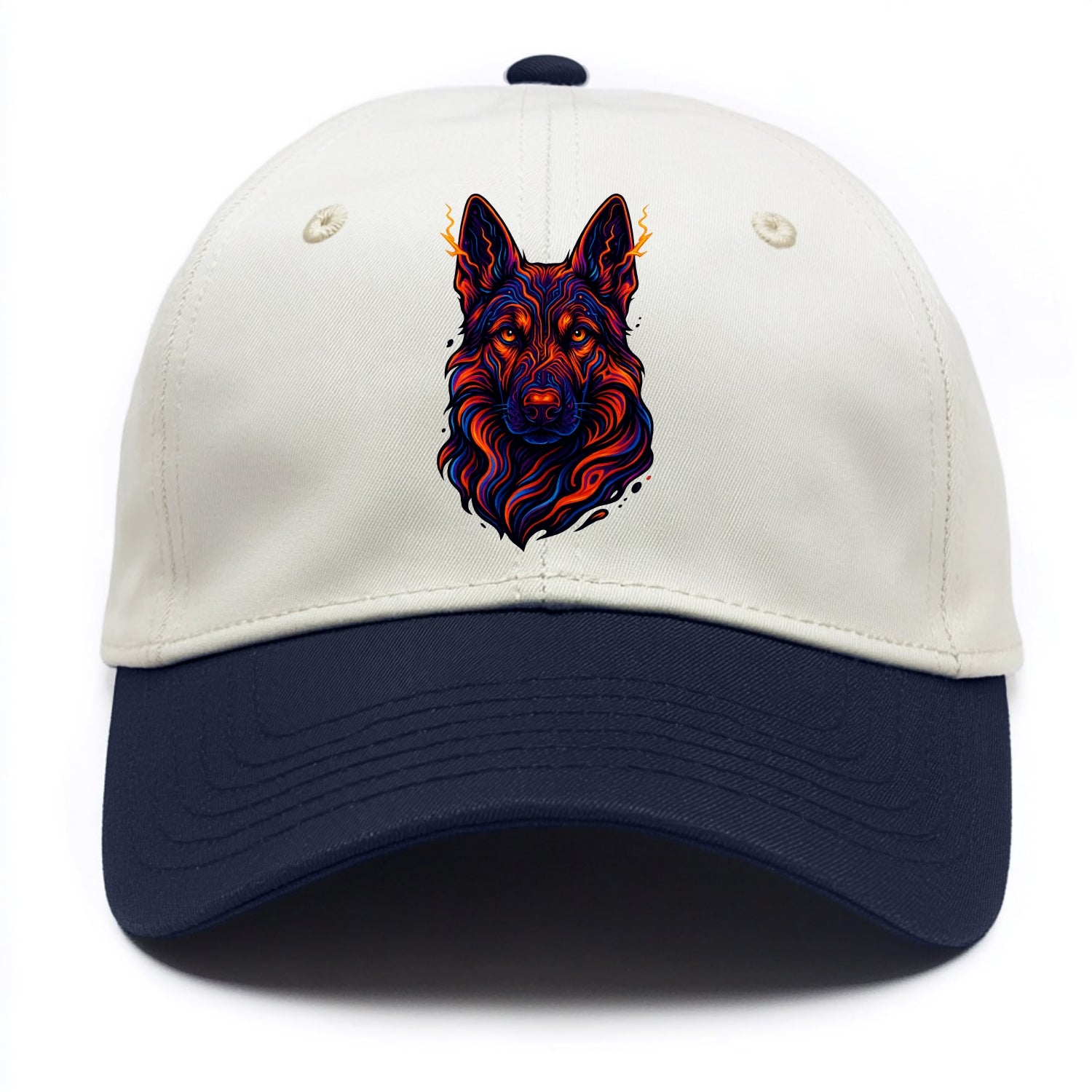 Alert German Shepherd with cyber circuit patterns in the fur, neon orange and black - Two Tone Cap - Navy