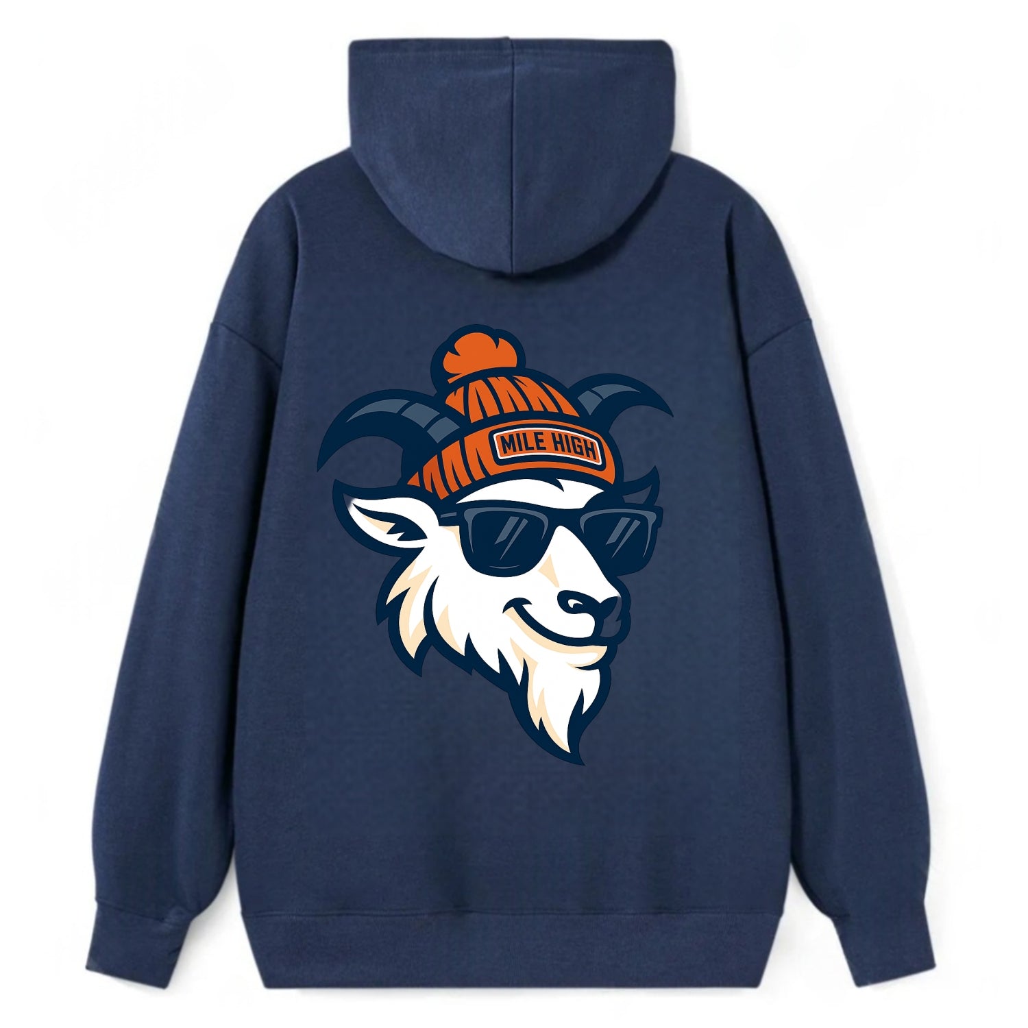 Denver Mountain Goat wearing Broncos beanie with Mile High patch and - Classic Pullover Hoodie - Navy