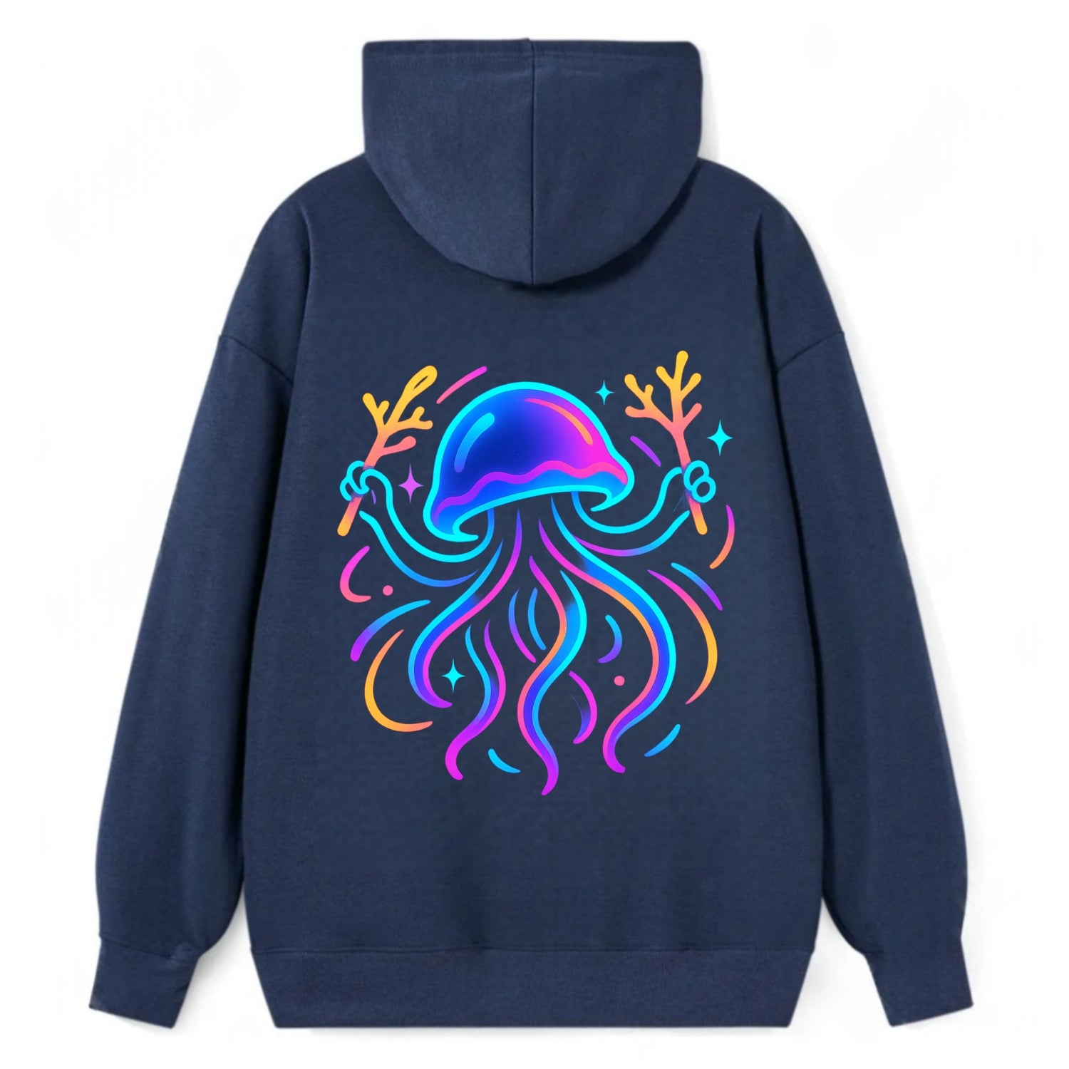 Jellyfish conducting a glow orchestra using coral batons in deep ocean - Classic Pullover Hoodie - Navy