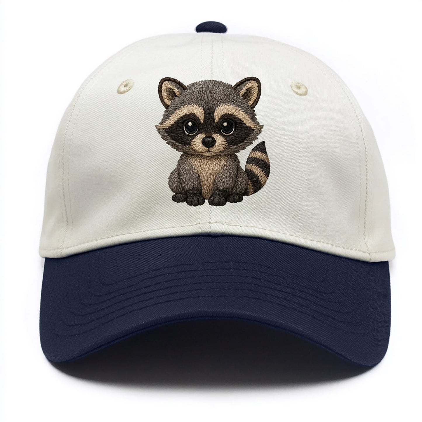 Baby Raccoon - gray fur, black mask, ringed tail, bright curious eyes, front-facing, - Two Tone Cap - Navy