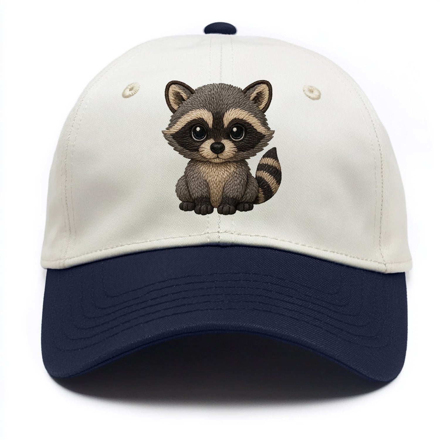 Baby Raccoon - gray fur, black mask, ringed tail, bright curious eyes, front-facing, - Two Tone Cap - Navy