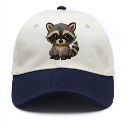 Baby Raccoon - gray fur, black mask, ringed tail, bright curious eyes, front-facing, - Two Tone Cap - Navy