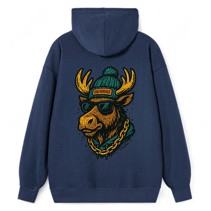 Alaska Moose wearing Anchorage beanie with pom pom and wayfarer sunglasses - Classic Pullover Hoodie - Navy