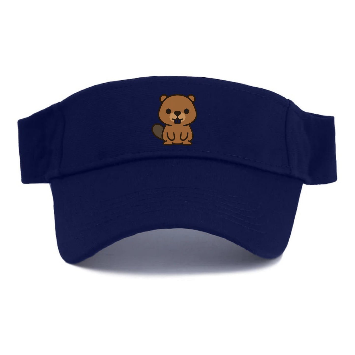 Baby Beaver - brown fur, paddle tail, buck teeth, friendly eyes, front-facing, industrious - Visor - Navy