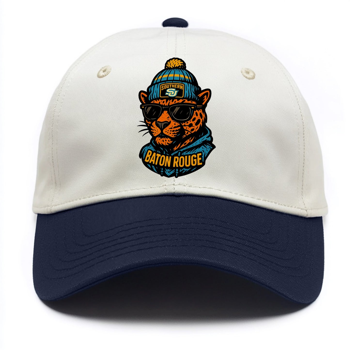 Baton Rouge Jaguar wearing Southern beanie with SU patch - Two Tone Cap - Navy