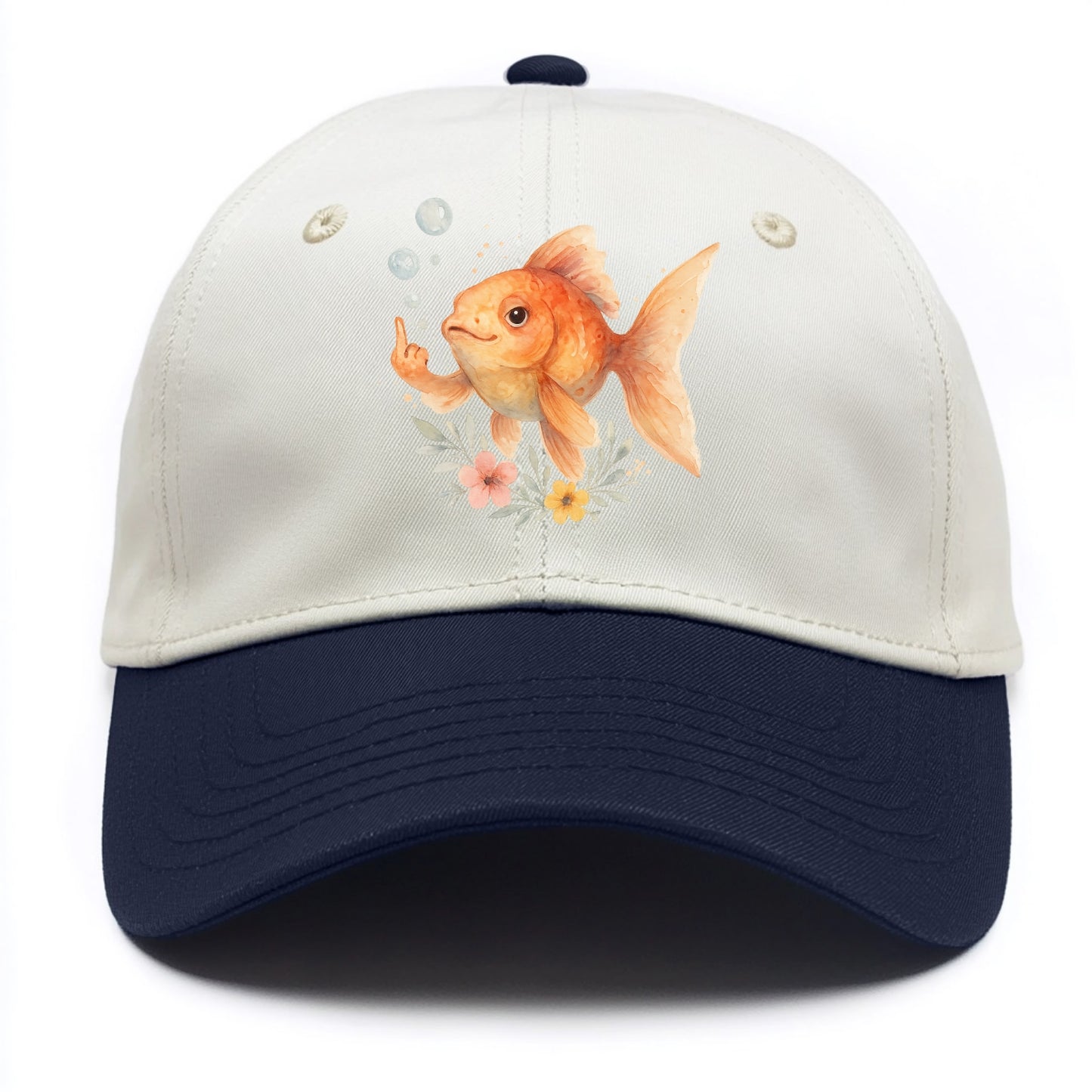 chubby goldfish blowing bubbles, one fin extended like middle finger - Two Tone Cap - Navy