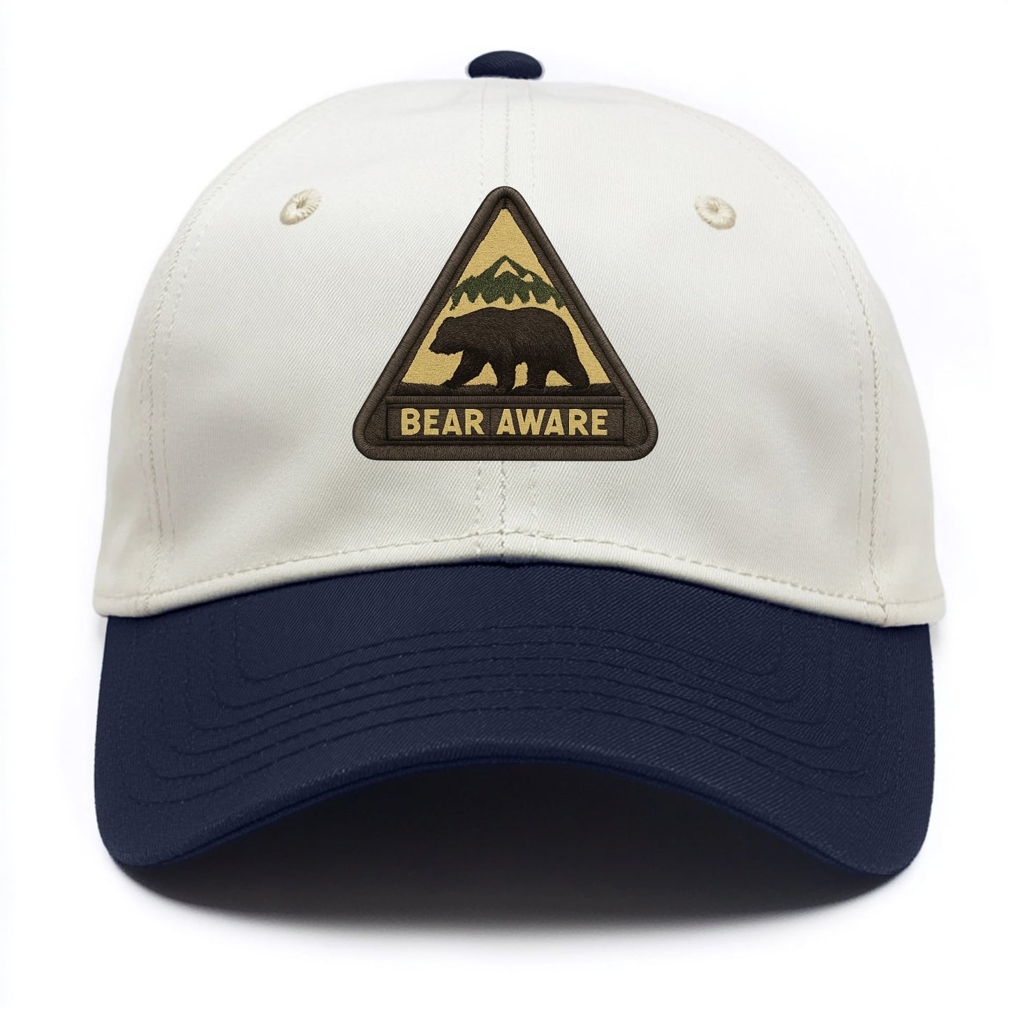 BEAR AWARE - bear silhouette warning in brown and yellow , wilderness safety - Two Tone Cap - Navy