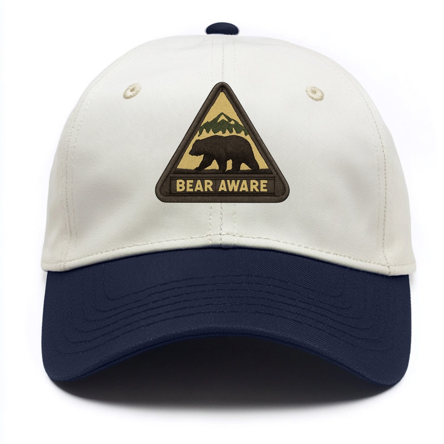 BEAR AWARE - bear silhouette warning in brown and yellow , wilderness safety - Two Tone Cap - Navy