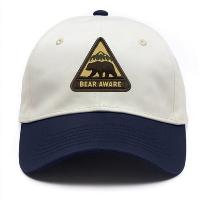 BEAR AWARE - bear silhouette warning in brown and yellow , wilderness safety - Two Tone Cap - Navy