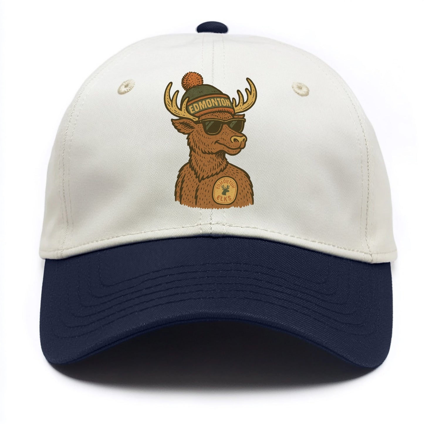Edmonton Elk wearing Edmonton beanie with pom pom and wayfarer sunglasses - Two Tone Cap - Navy