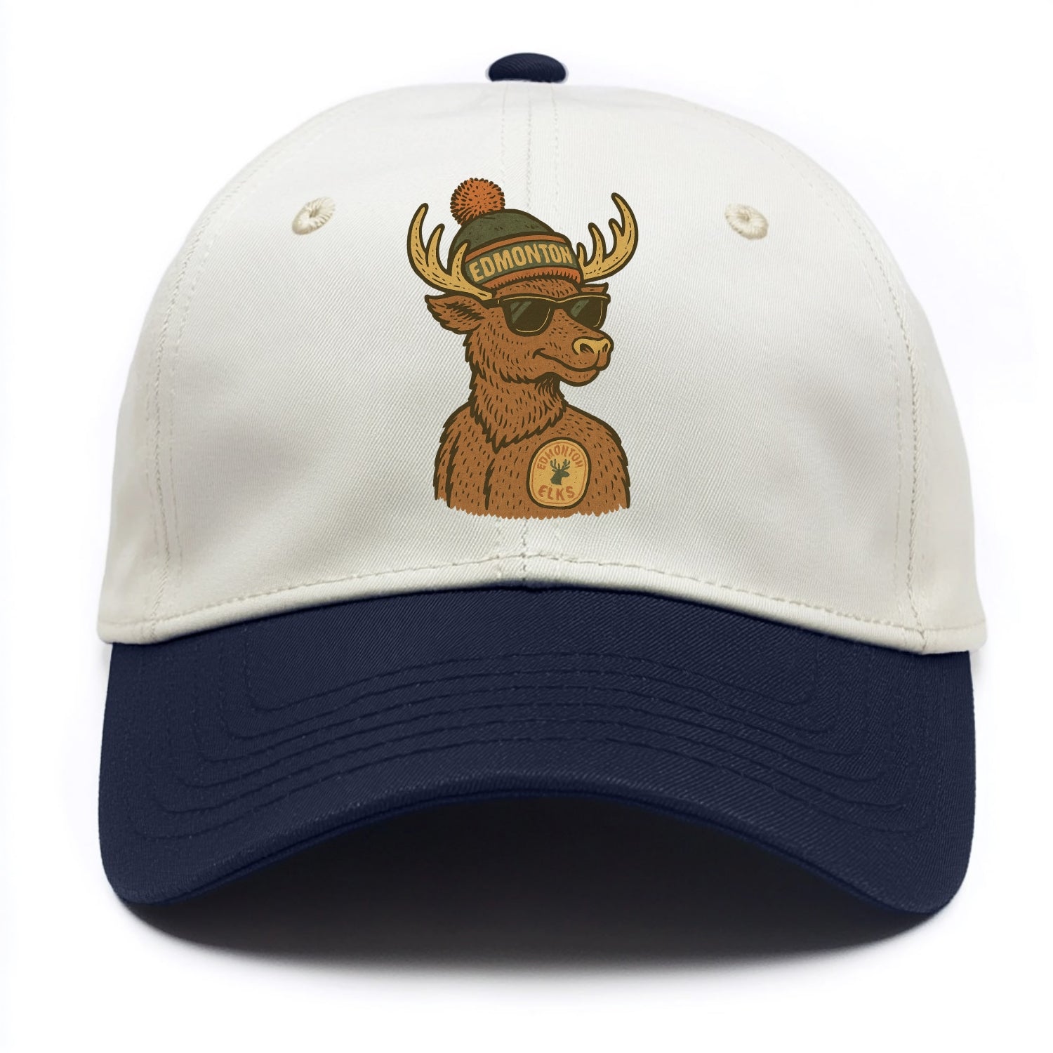 Edmonton Elk wearing Edmonton beanie with pom pom and wayfarer sunglasses - Two Tone Cap - Navy