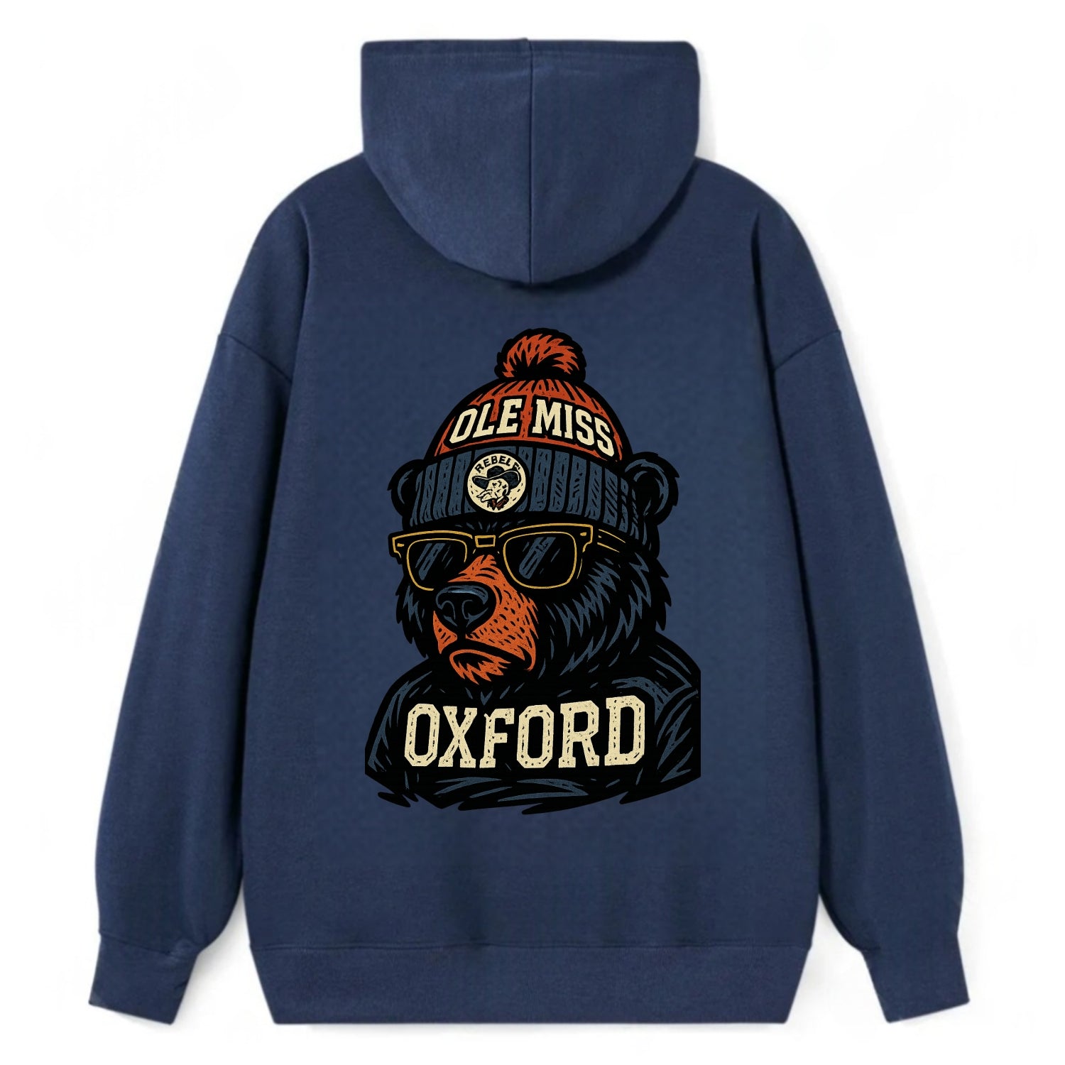 Oxford Black Bear wearing Ole Miss beanie with rebel patch - Classic Pullover Hoodie - Navy