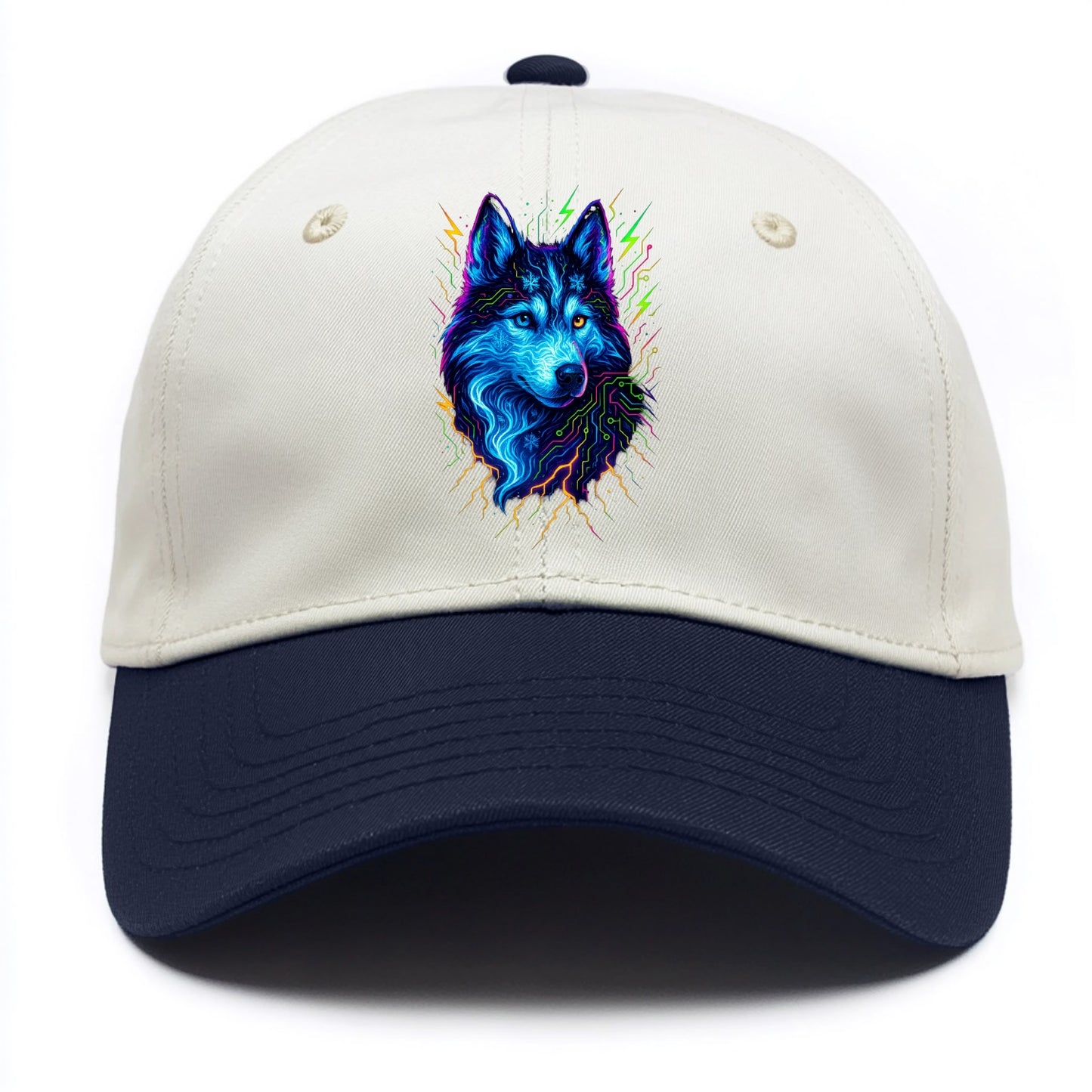 Siberian husky with ice-crystal flowing patterns, electric blue and white swirls, - Two Tone Cap - Navy