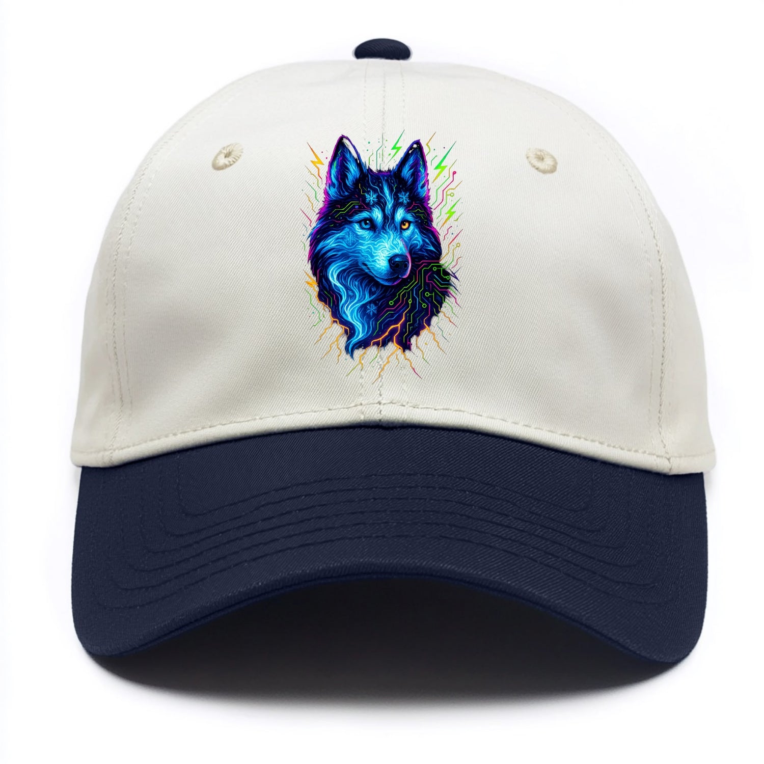 Siberian husky with ice-crystal flowing patterns, electric blue and white swirls, - Two Tone Cap - Navy