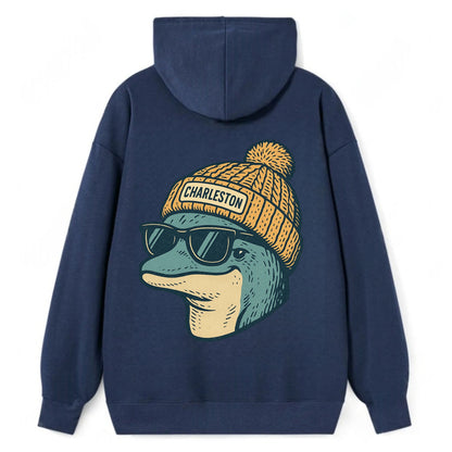 Charleston Dolphin wearing Charleston beanie with pom pom and wayfarer - Classic Pullover Hoodie - Navy
