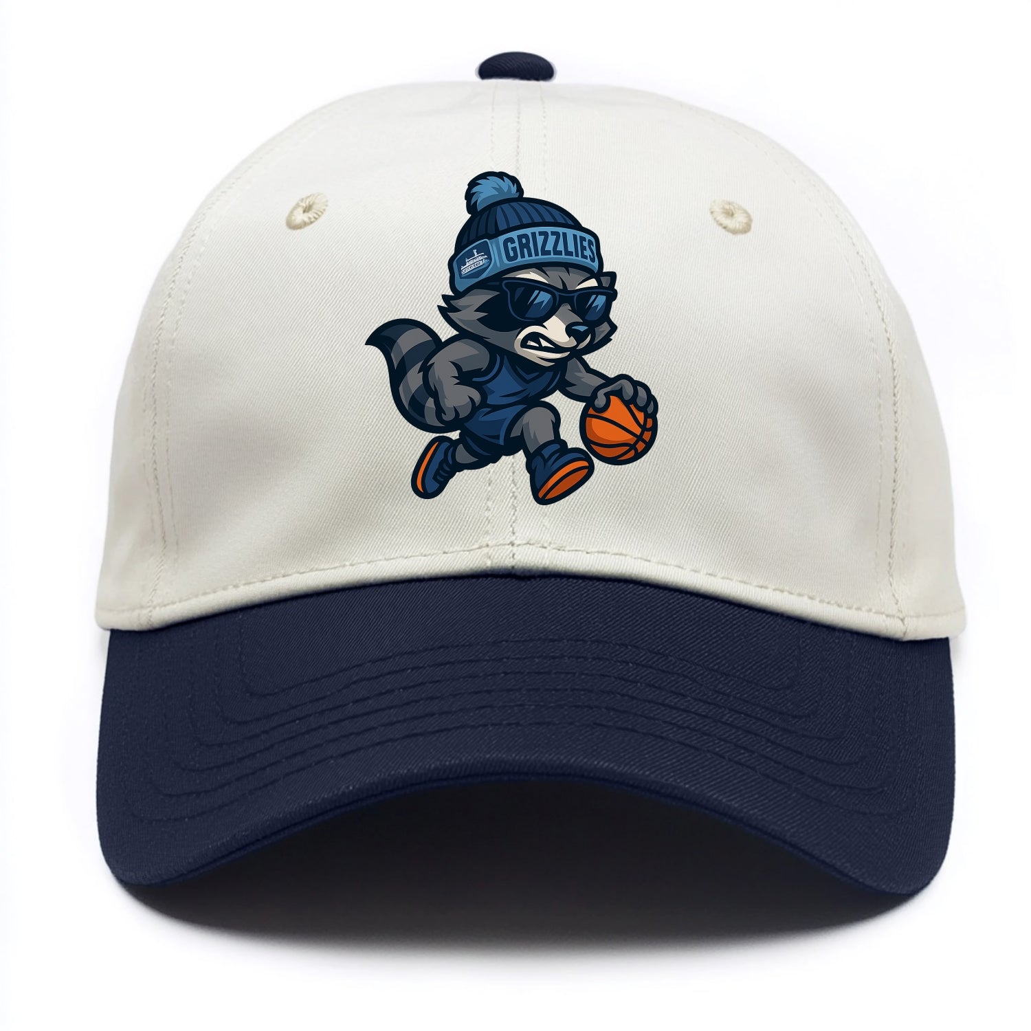 Memphis Raccoon wearing Grizzlies beanie with riverboat patch and wayfarer sunglasses - Two Tone Cap - Navy