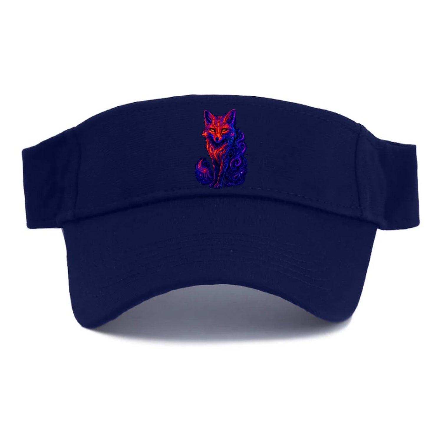 Clever fox with tail dissolving into cosmic nebula swirls, orange to purple gradient flows, - Visor - Navy