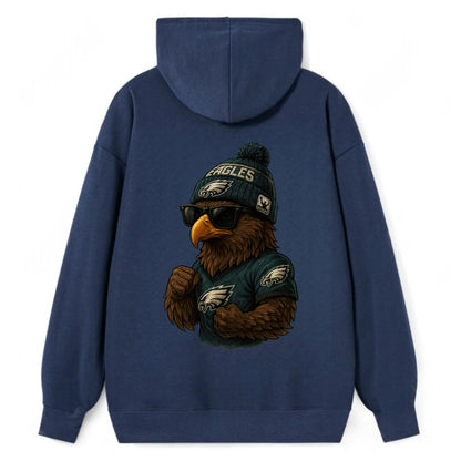 Philly Hawk wearing Eagles beanie with Rocky patch and wayfarer sunglasses - Classic Pullover Hoodie - Navy