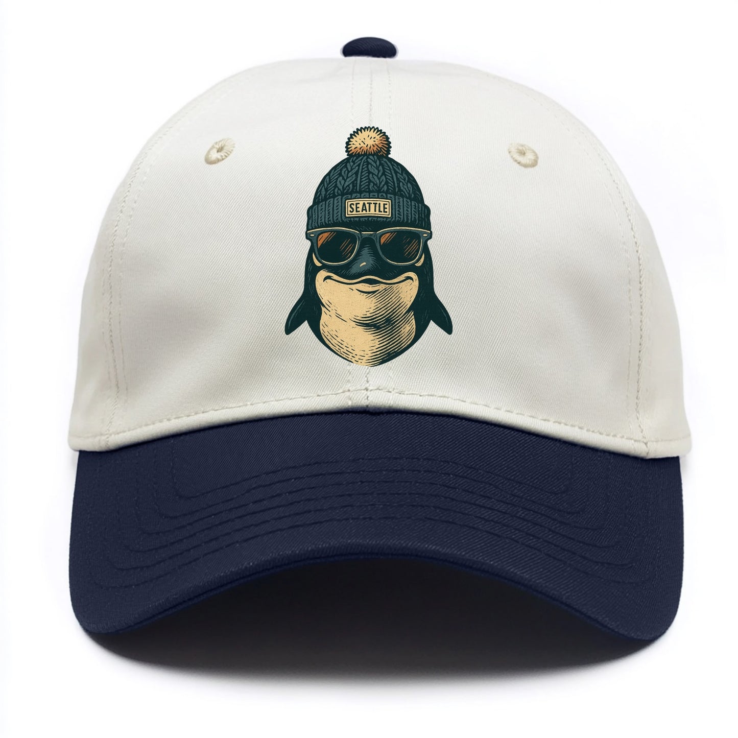 Washington Orca wearing Seattle beanie with pom pom and wayfarer sunglasses - Two Tone Cap - Navy