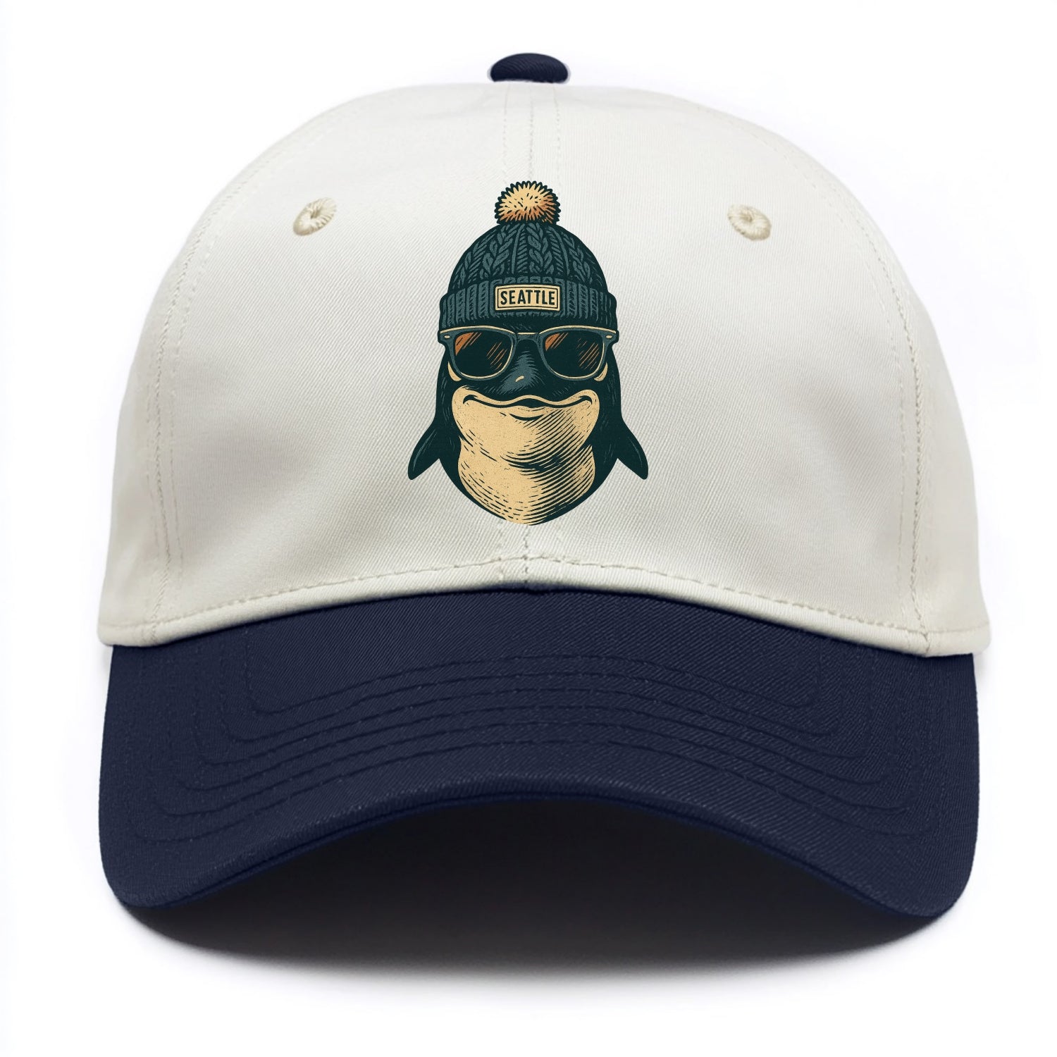 Washington Orca wearing Seattle beanie with pom pom and wayfarer sunglasses - Two Tone Cap - Navy