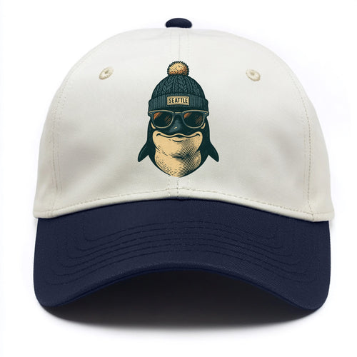 Washington Orca wearing Seattle beanie with pom pom and wayfarer sunglasses - Two Tone Cap