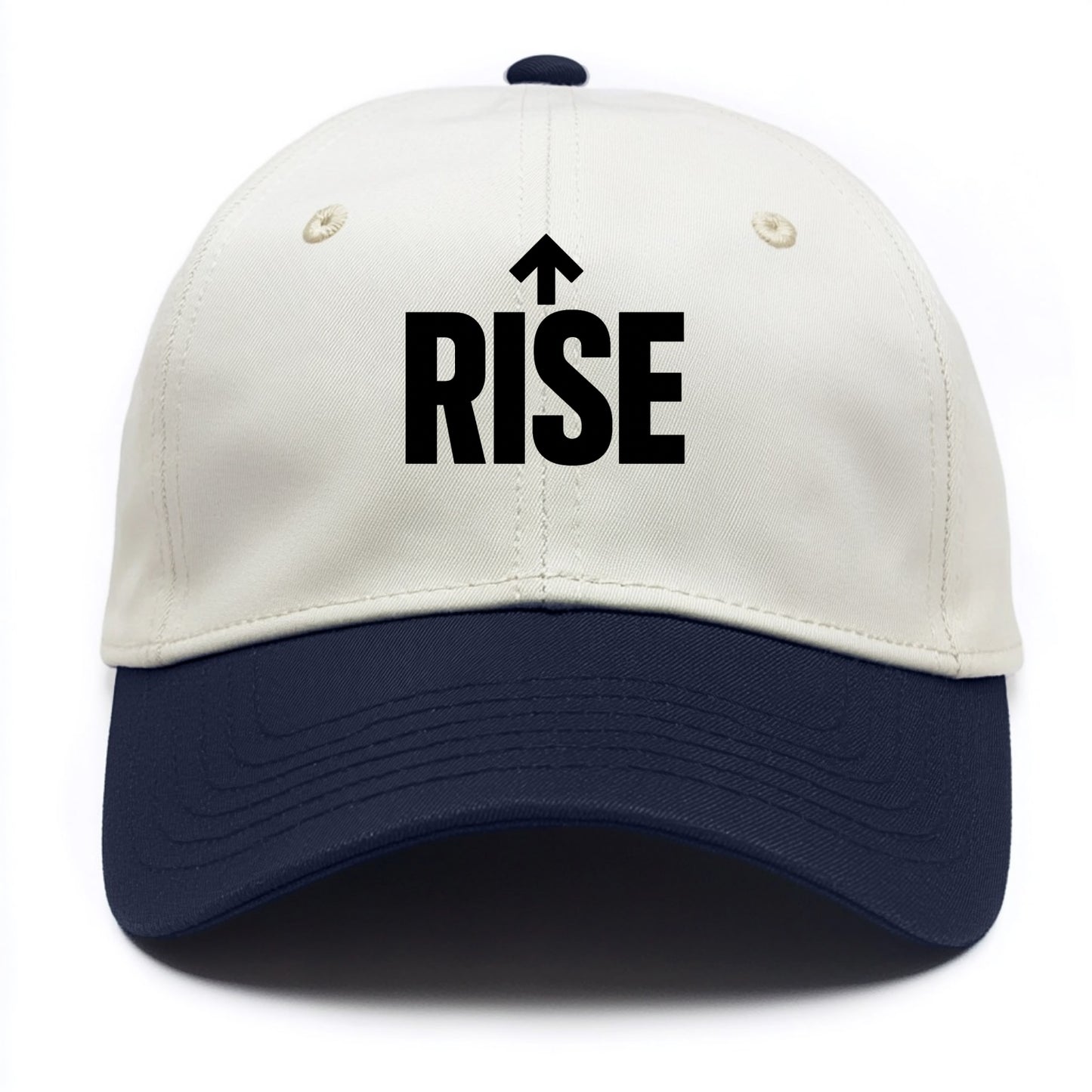 Bold typography design - "RISE" - getting up, ascending, elevating - Two Tone Cap - Navy