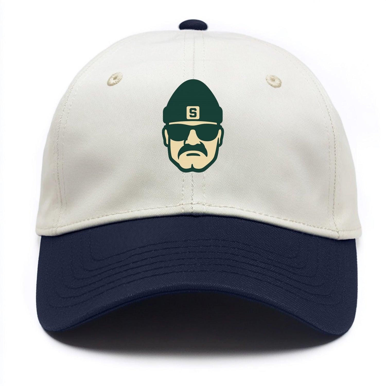 East Lansing Spartan wearing Michigan State beanie with S patch - Two Tone Cap - Navy