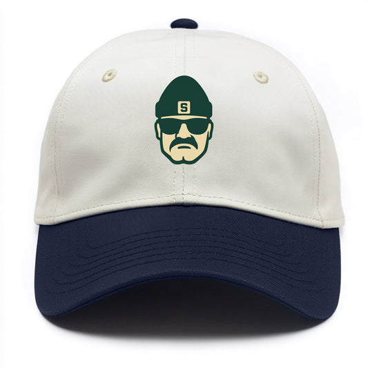 East Lansing Spartan wearing Michigan State beanie with S patch - Two Tone Cap - Navy