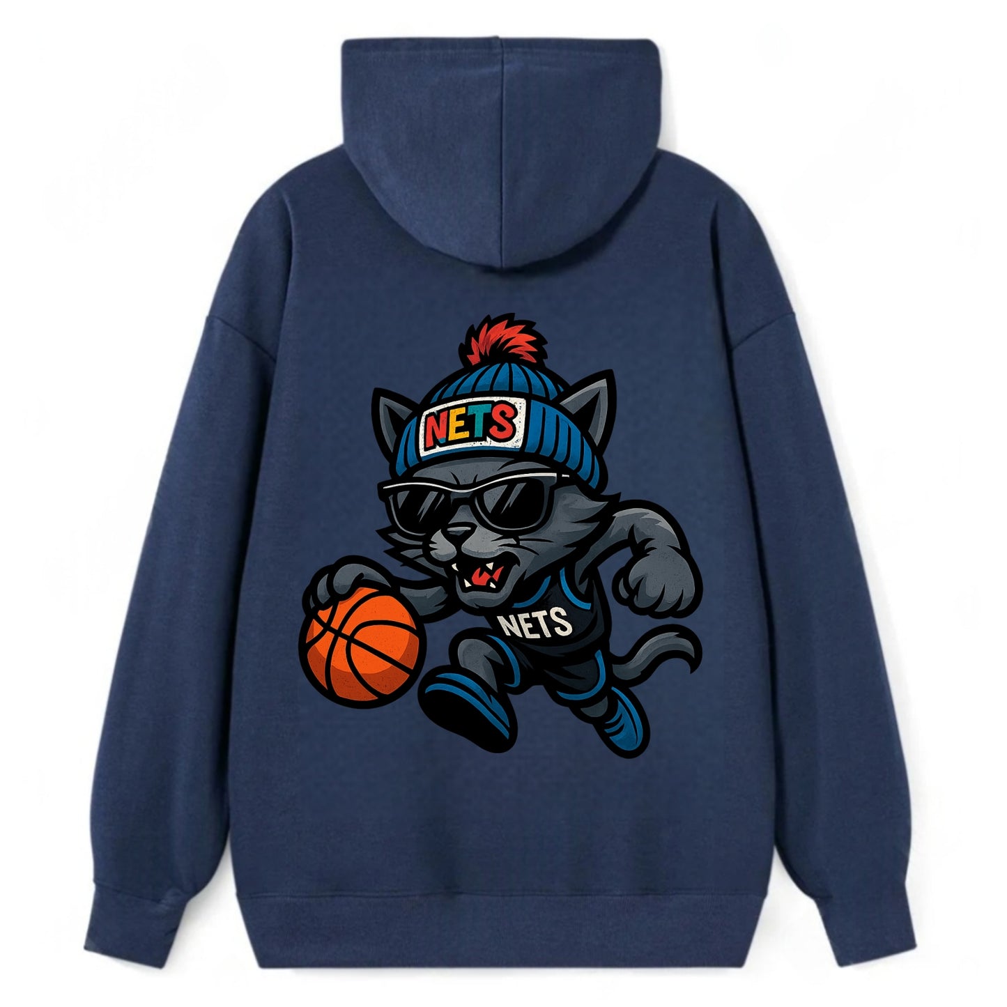 Brooklyn Cat wearing Nets beanie with street art patch and wayfarer - Classic Pullover Hoodie - Navy