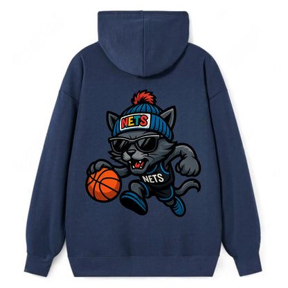 Brooklyn Cat wearing Nets beanie with street art patch and wayfarer - Classic Pullover Hoodie - Navy