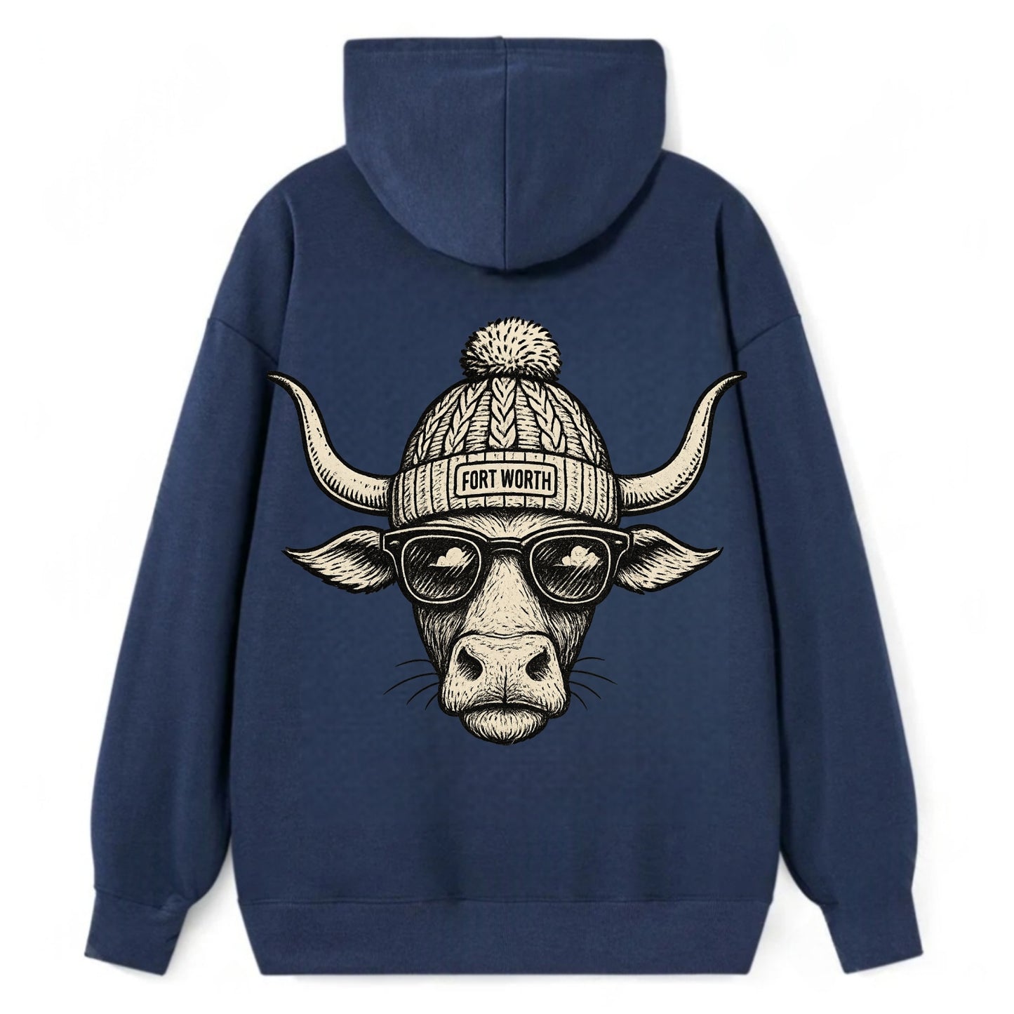 Fort Worth Longhorn wearing Fort Worth beanie with pom pom and wayfarer - Classic Pullover Hoodie - Navy