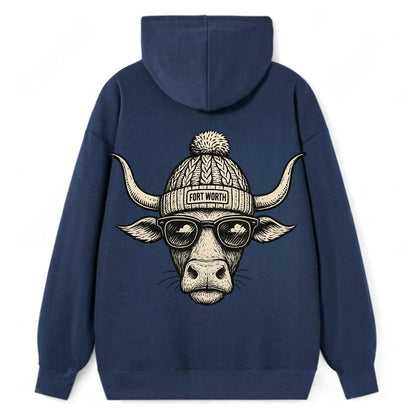 Fort Worth Longhorn wearing Fort Worth beanie with pom pom and wayfarer - Classic Pullover Hoodie - Navy