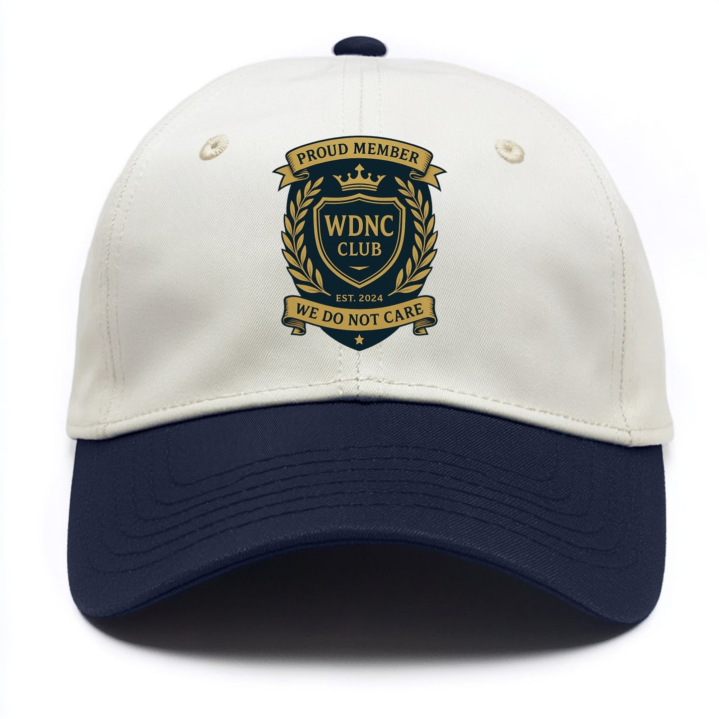 Proud Member badge with laurel wreath - "WDNC CLUB - We Do Not Care" - apathy pride - Two Tone Cap - Navy