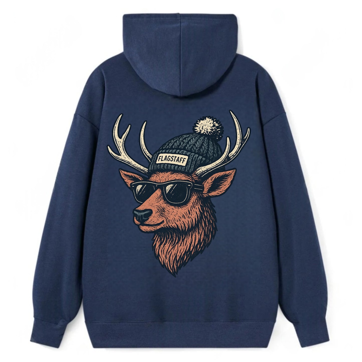 Flagstaff Elk wearing Flagstaff beanie with pom pom and wayfarer - Classic Pullover Hoodie - Navy