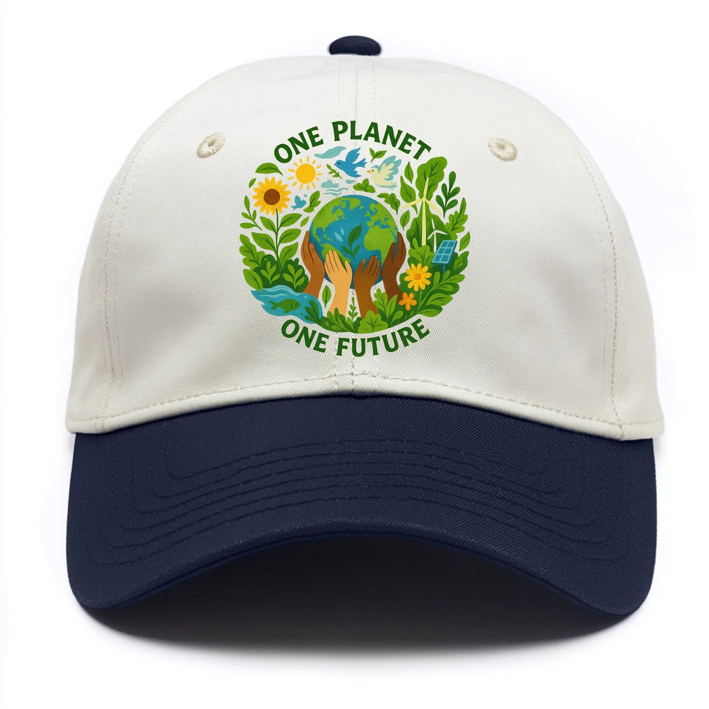Globe surrounded by hands of all colors working together - "One Planet, One Future" - Two Tone Cap - Navy