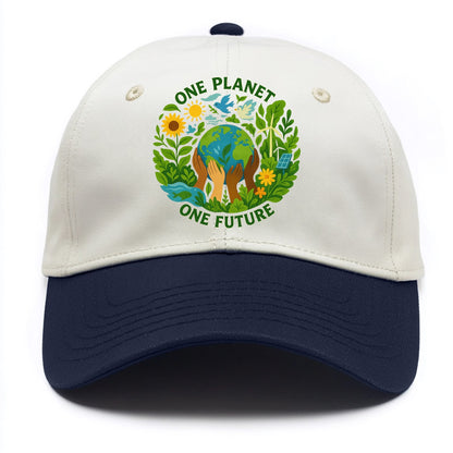 Globe surrounded by hands of all colors working together - "One Planet, One Future" - Two Tone Cap - Navy