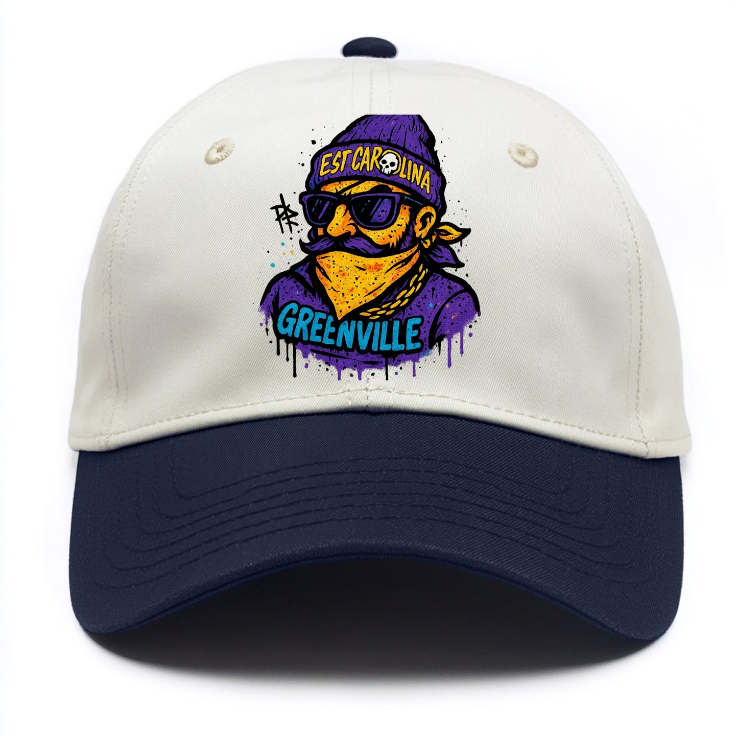 Greenville Pirate wearing East Carolina beanie with skull patch - Two Tone Cap - Navy