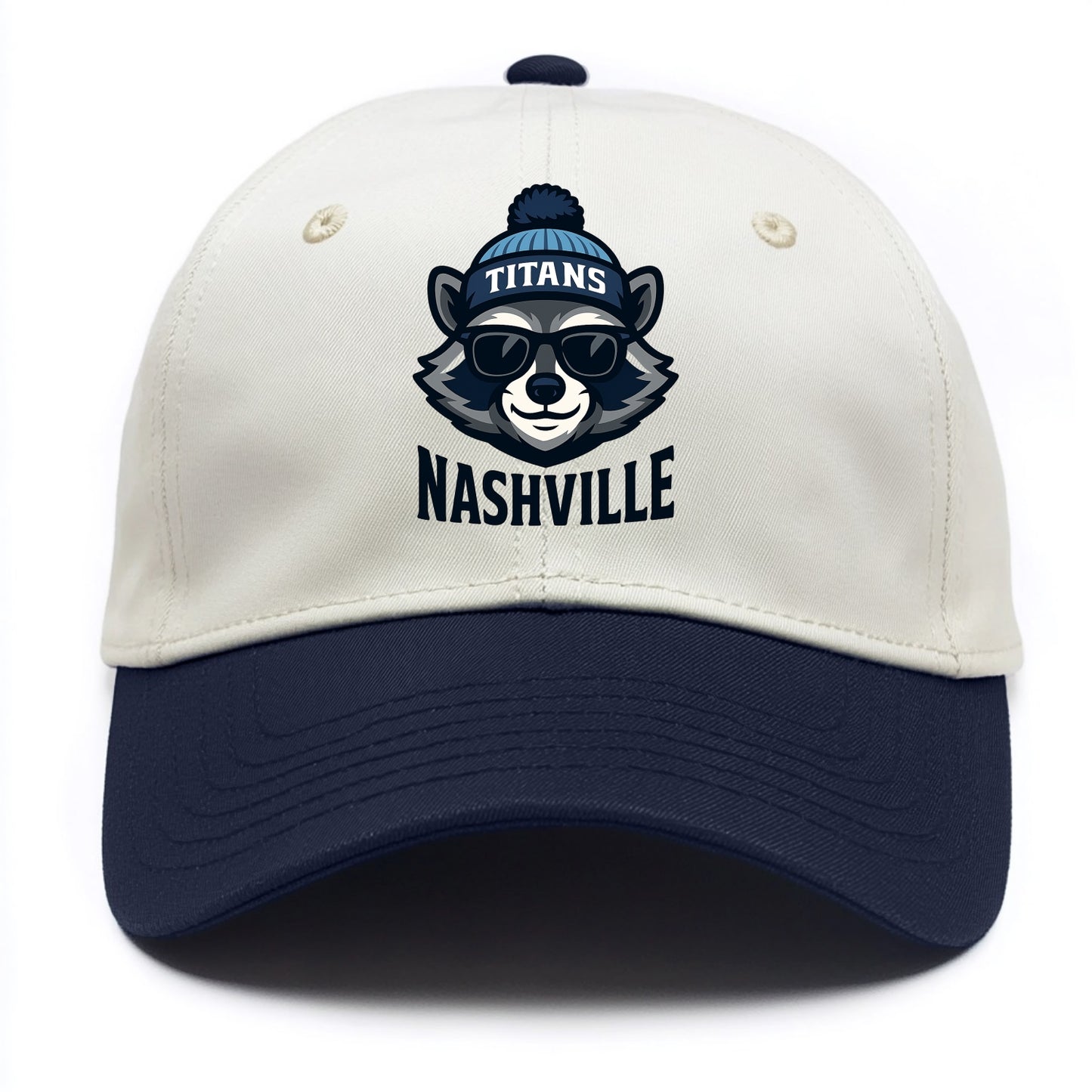 Nashville Raccoon wearing Titans navy and light blue beanie with pom pom and - Two Tone Cap - Navy
