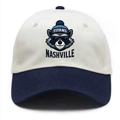 Nashville Raccoon wearing Titans navy and light blue beanie with pom pom and - Two Tone Cap - Navy