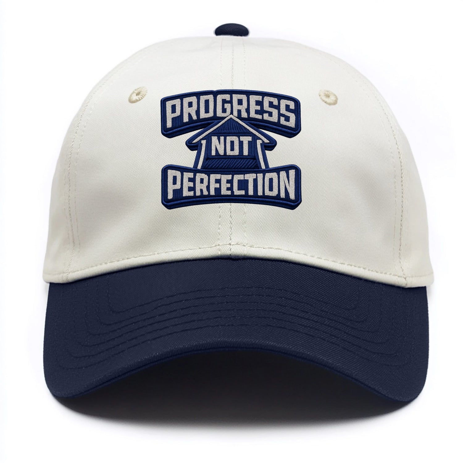 PROGRESS NOT PERFECTION - arrow with text in blue , growth mindset - Two Tone Cap - Navy
