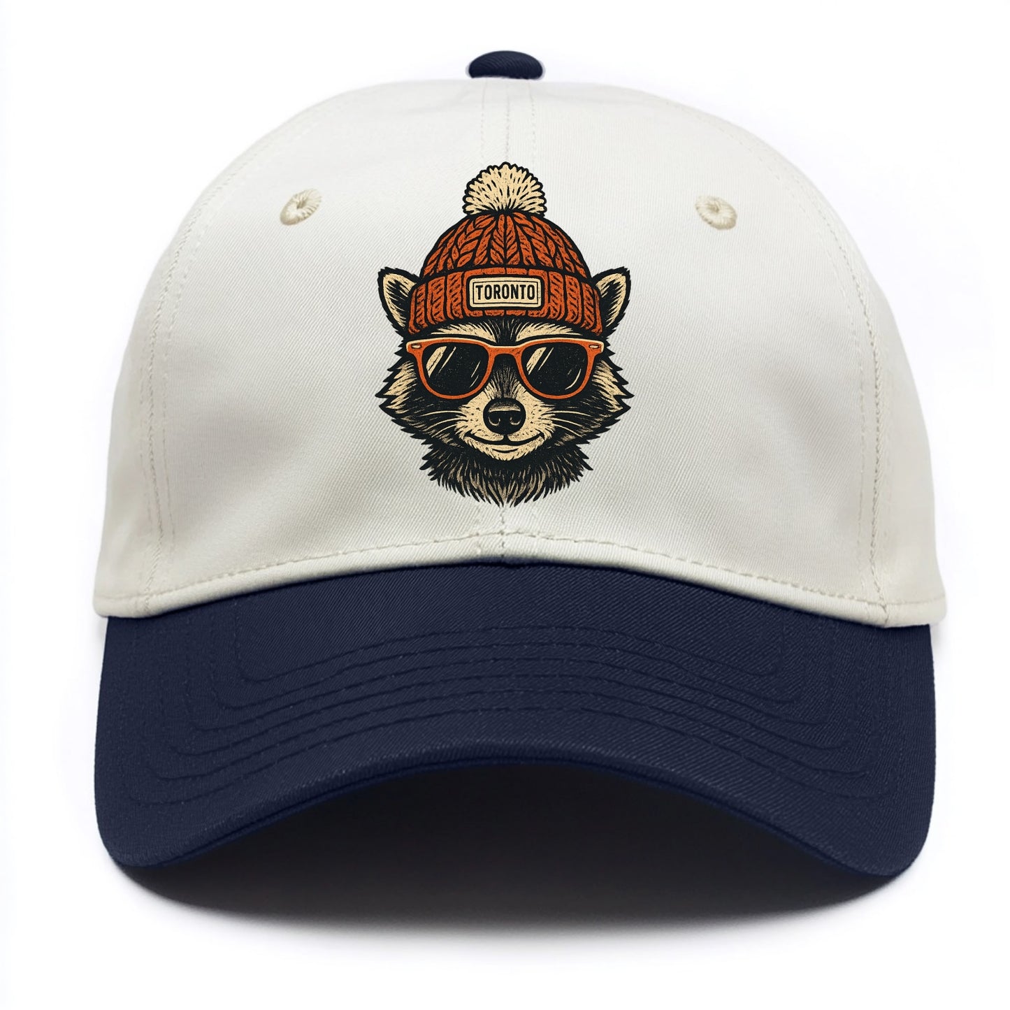 Toronto Raccoon wearing Toronto beanie with pom pom and wayfarer sunglasses - Two Tone Cap - Navy